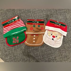 Baby Christmas bib and hat set bundle of three - elf, Santa and gingerbread man